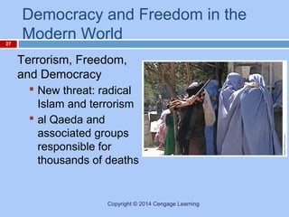 27

Democracy and Freedom in the
Modern World
Terrorism, Freedom,
and Democracy
 New threat: radical
Islam and terrorism
 al Qaeda and
associated groups
responsible for
thousands of deaths

Copyright © 2014 Cengage Learning

 
