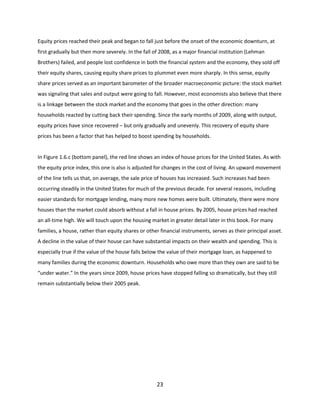 Equity prices reached their peak and began to fall just before the onset of the economic downturn, at
first gradually but then more severely. In the fall of 2008, as a major financial institution (Lehman
Brothers) failed, and people lost confidence in both the financial system and the economy, they sold off
their equity shares, causing equity share prices to plummet even more sharply. In this sense, equity
share prices served as an important barometer of the broader macroeconomic picture: the stock market
was signaling that sales and output were going to fall. However, most economists also believe that there
is a linkage between the stock market and the economy that goes in the other direction: many
households reacted by cutting back their spending. Since the early months of 2009, along with output,
equity prices have since recovered – but only gradually and unevenly. This recovery of equity share
prices has been a factor that has helped to boost spending by households.

In Figure 1.6.c (bottom panel), the red line shows an index of house prices for the United States. As with
the equity price index, this one is also is adjusted for changes in the cost of living. An upward movement
of the line tells us that, on average, the sale price of houses has increased. Such increases had been
occurring steadily in the United States for much of the previous decade. For several reasons, including
easier standards for mortgage lending, many more new homes were built. Ultimately, there were more
houses than the market could absorb without a fall in house prices. By 2005, house prices had reached
an all-time high. We will touch upon the housing market in greater detail later in this book. For many
families, a house, rather than equity shares or other financial instruments, serves as their principal asset.
A decline in the value of their house can have substantial impacts on their wealth and spending. This is
especially true if the value of the house falls below the value of their mortgage loan, as happened to
many families during the economic downturn. Households who owe more than they own are said to be
“under water.” In the years since 2009, house prices have stopped falling so dramatically, but they still
remain substantially below their 2005 peak.

23

 