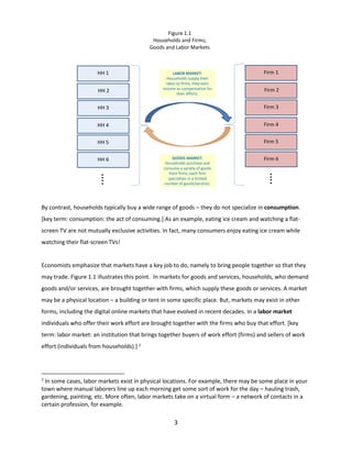 Figure 1.1
Households and Firms;
Goods and Labor Markets

HH 1
HH 2

LABOR MARKET:
Households supply their
labor to firms; they earn
income as compensation for
their efforts.

Firm 1
Firm 2

HH 3

Firm 3

HH 4

Firm 4

HH 5

Firm 5

HH 6

Firm 6

….

….

GOODS MARKET:
Households purchase and
consume a variety of goods
from firms; each firm
specializes in a limited
number of goods/services.

By contrast, households typically buy a wide range of goods – they do not specialize in consumption.
[key term: consumption: the act of consuming.] As an example, eating ice cream and watching a flatscreen TV are not mutually exclusive activities. In fact, many consumers enjoy eating ice cream while
watching their flat-screen TVs!

Economists emphasize that markets have a key job to do, namely to bring people together so that they
may trade. Figure 1.1 illustrates this point. In markets for goods and services, households, who demand
goods and/or services, are brought together with firms, which supply these goods or services. A market
may be a physical location – a building or tent in some specific place. But, markets may exist in other
forms, including the digital online markets that have evolved in recent decades. In a labor market
individuals who offer their work effort are brought together with the firms who buy that effort. [key
term: labor market: an institution that brings together buyers of work effort (firms) and sellers of work
effort (individuals from households).] 2

2

In some cases, labor markets exist in physical locations. For example, there may be some place in your
town where manual laborers line up each morning get some sort of work for the day – hauling trash,
gardening, painting, etc. More often, labor markets take on a virtual form – a network of contacts in a
certain profession, for example.

3

 