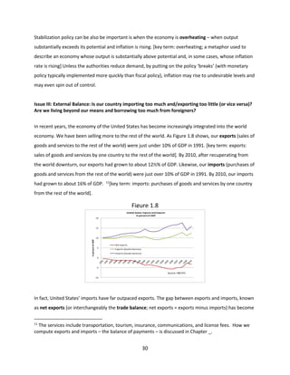 Stabilization policy can be also be important is when the economy is overheating – when output
substantially exceeds its potential and inflation is rising. [key term: overheating; a metaphor used to
describe an economy whose output is substantially above potential and, in some cases, whose inflation
rate is rising] Unless the authorities reduce demand, by putting on the policy ‘breaks’ (with monetary
policy typically implemented more quickly than fiscal policy), inflation may rise to undesirable levels and
may even spin out of control.

Issue III: External Balance: Is our country importing too much and/exporting too little (or vice versa)?
Are we living beyond our means and borrowing too much from foreigners?
In recent years, the economy of the United States has become increasingly integrated into the world
economy. We have been selling more to the rest of the world. As Figure 1.8 shows, our exports (sales of
goods and services to the rest of the world) were just under 10% of GDP in 1991. [key term: exports:
sales of goods and services by one country to the rest of the world]. By 2010, after recuperating from
the world downturn, our exports had grown to about 12½% of GDP. Likewise, our imports (purchases of
goods and services from the rest of the world) were just over 10% of GDP in 1991. By 2010, our imports
had grown to about 16% of GDP.

11

[key term: imports: purchases of goods and services by one country

from the rest of the world].

Figure 1.8
United States: Exports and Imports
In percent of GDP
20

15

in percent of GDP

10
Net Exports
5

Exports (Goods+Services)
Imports (Goods+Services)

0

-5

Source: IMF/IFS
-10

In fact, United States’ imports have far outpaced exports. The gap between exports and imports, known
as net exports (or interchangeably the trade balance; net exports = exports minus imports) has become
11

The services include transportation, tourism, insurance, communications, and license fees. How we
compute exports and imports – the balance of payments – is discussed in Chapter _.

30

 