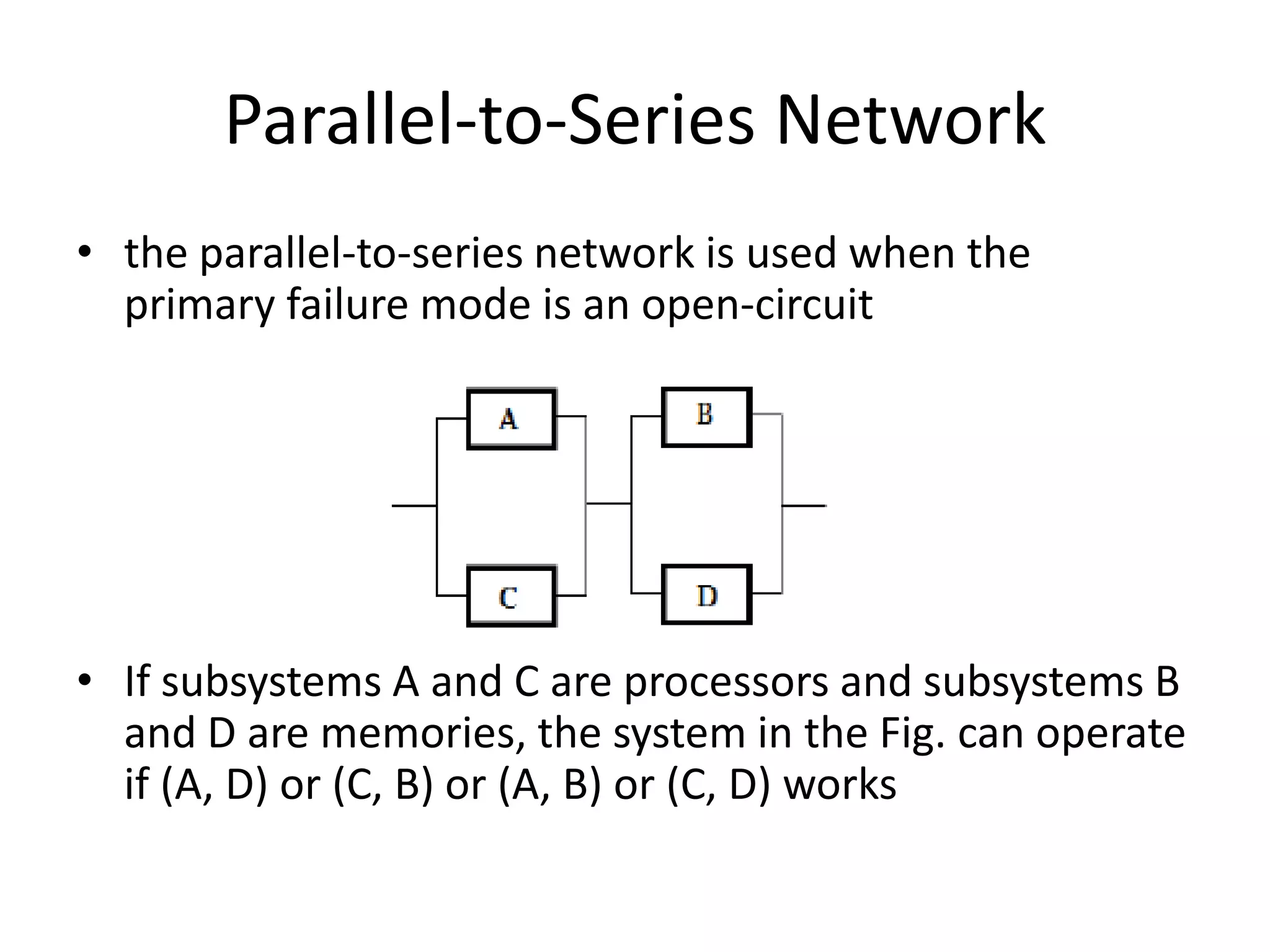 Parallel-to-Series Network
• the parallel-to-series network is used when the
primary failure mode is an open-circuit

• If subsystems A and C are processors and subsystems B
and D are memories, the system in the Fig. can operate
if (A, D) or (C, B) or (A, B) or (C, D) works

 