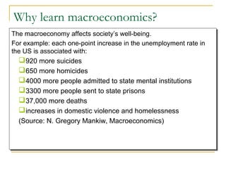 Why learn macroeconomics?
The macroeconomy affects society’s well-being.
For example: each one-point increase in the unemployment rate in
the US is associated with:
920 more suicides
650 more homicides
4000 more people admitted to state mental institutions
3300 more people sent to state prisons
37,000 more deaths
increases in domestic violence and homelessness
(Source: N. Gregory Mankiw, Macroeconomics)
The macroeconomy affects society’s well-being.
For example: each one-point increase in the unemployment rate in
the US is associated with:
920 more suicides
650 more homicides
4000 more people admitted to state mental institutions
3300 more people sent to state prisons
37,000 more deaths
increases in domestic violence and homelessness
(Source: N. Gregory Mankiw, Macroeconomics)
 
