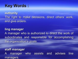 Key Words :Key Words :
authorityauthority
The right to make decisions, direct others’ work,The right to make decisions, direct others’ work,
and give orders.and give orders.
ling managerling manager
A manager who is authorized to direct the work ofA manager who is authorized to direct the work of
subordinates and responsible for accomplishingsubordinates and responsible for accomplishing
the organization’s goals.the organization’s goals.
staff managerstaff manager
A manager who assists and advises lineA manager who assists and advises line
managers.managers.
 