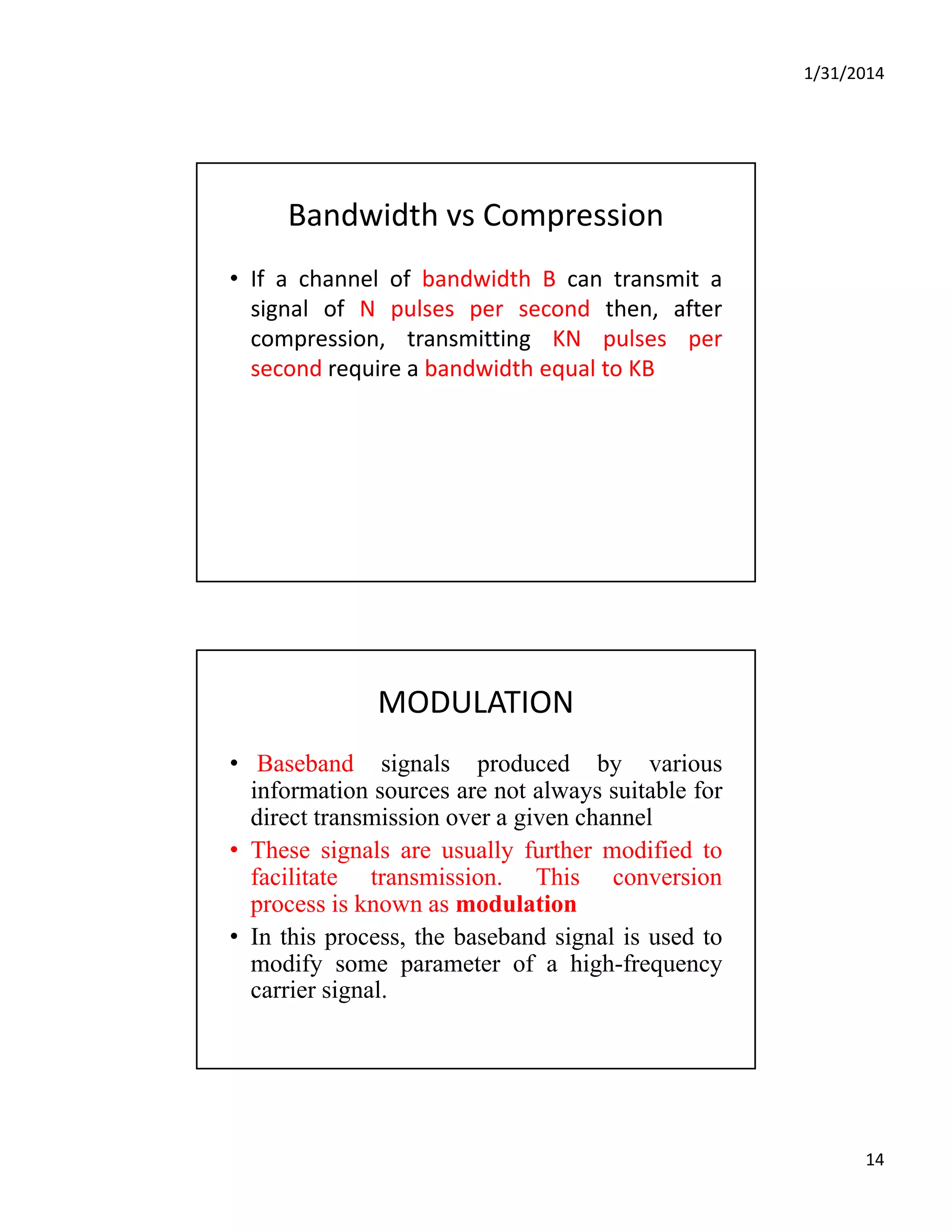1/31/2014
14
Bandwidth vs Compression 
• If a channel of bandwidth B can transmit a
i l f N l d th ftsignal of N pulses per second then, after
compression, transmitting KN pulses per
second require a bandwidth equal to KB
MODULATION
• Baseband signals produced by various
information sources are not always suitable forinformation sources are not always suitable for
direct transmission over a given channel
• These signals are usually further modified to
facilitate transmission. This conversion
process is known as modulation
I hi h b b d i l i d• In this process, the baseband signal is used to
modify some parameter of a high-frequency
carrier signal.
 
