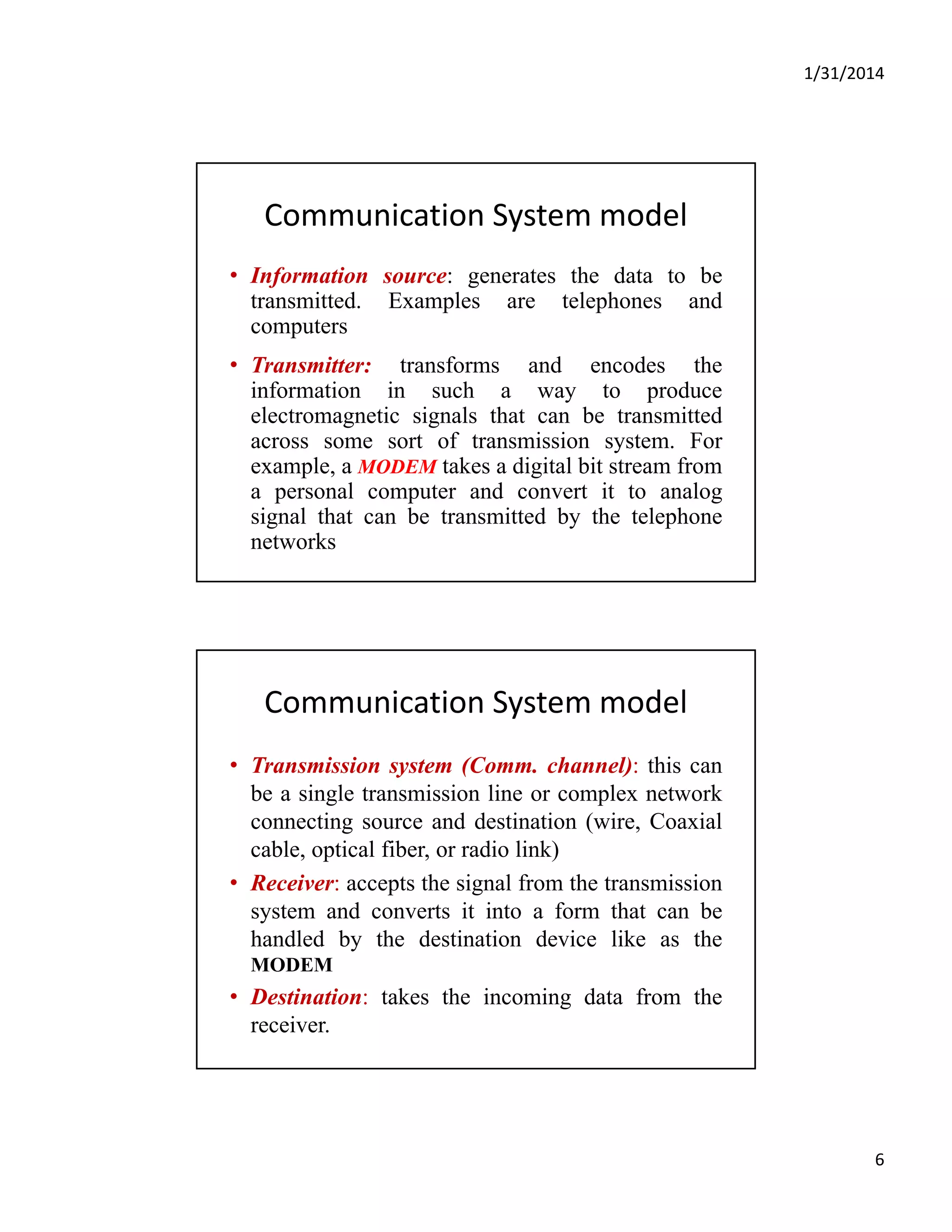 1/31/2014
6
Communication System model 
• Information source: generates the data to be
transmitted Examples are telephones andtransmitted. Examples are telephones and
computers
• Transmitter: transforms and encodes the
information in such a way to produce
electromagnetic signals that can be transmitted
across some sort of transmission system Foracross some sort of transmission system. For
example, a MODEM takes a digital bit stream from
a personal computer and convert it to analog
signal that can be transmitted by the telephone
networks
Communication System model 
• Transmission system (Comm. channel): this can
b i l t i i li l t kbe a single transmission line or complex network
connecting source and destination (wire, Coaxial
cable, optical fiber, or radio link)
• Receiver: accepts the signal from the transmission
system and converts it into a form that can be
handled by the destination device like as the
MODEM
• Destination: takes the incoming data from the
receiver.
 
