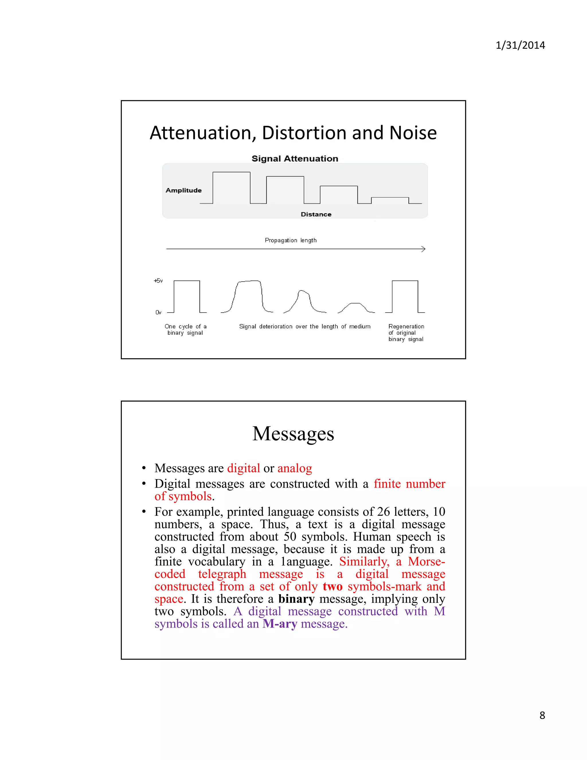 1/31/2014
8
Attenuation, Distortion and Noise
Messages
• Messages are digital or analog
• Digital messages are constructed with a finite numberDigital messages are constructed with a finite number
of symbols.
• For example, printed language consists of 26 letters, 10
numbers, a space. Thus, a text is a digital message
constructed from about 50 symbols. Human speech is
also a digital message, because it is made up from a
finite vocabulary in a 1anguage. Similarly, a Morse-
coded telegraph message is a digital messagecoded telegraph message is a digital message
constructed from a set of only two symbols-mark and
space. It is therefore a binary message, implying only
two symbols. A digital message constructed with M
symbols is called an M-ary message.
 