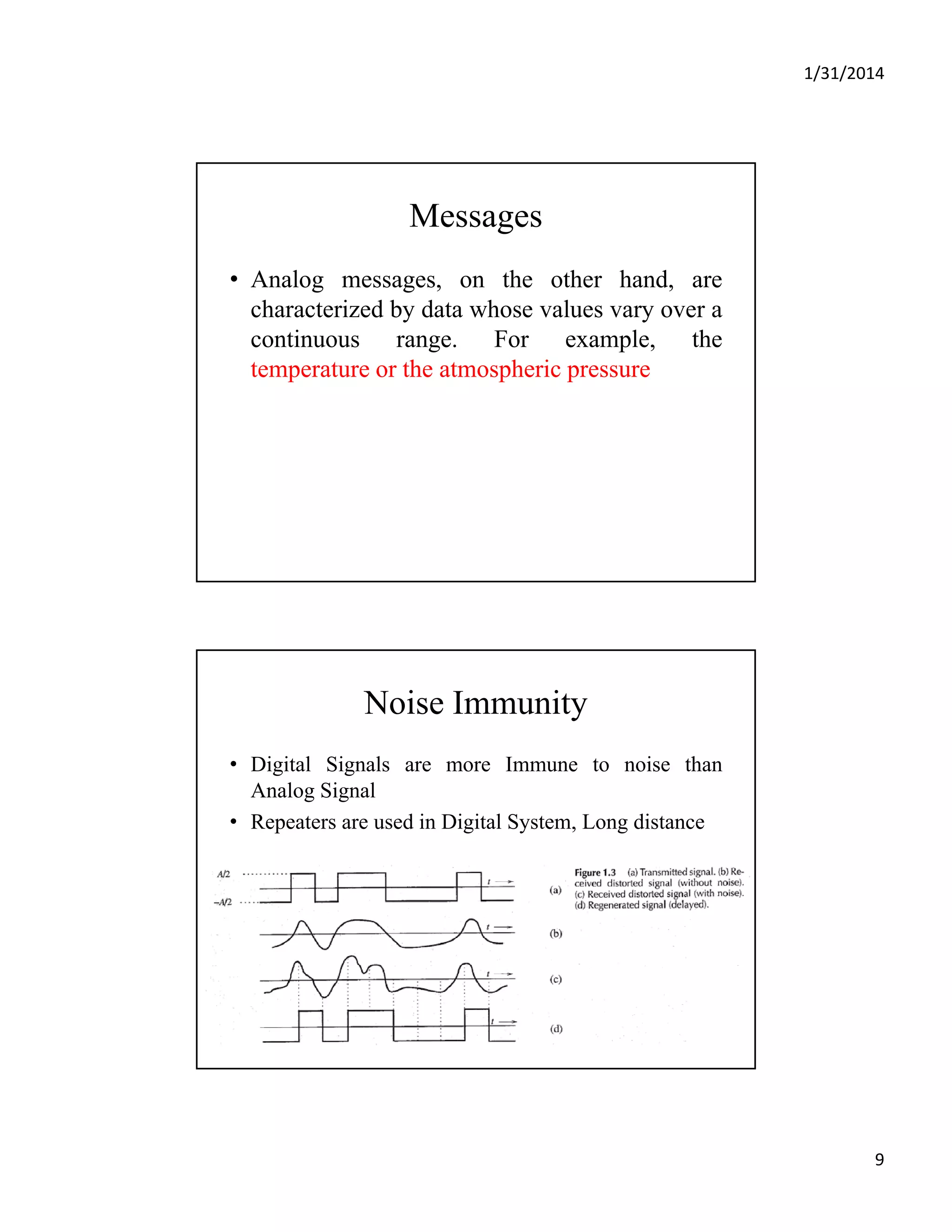 1/31/2014
9
Messages
• Analog messages, on the other hand, are
h t i d b d t h lcharacterized by data whose values vary over a
continuous range. For example, the
temperature or the atmospheric pressure
Noise Immunity
• Digital Signals are more Immune to noise than
Analog SignalAnalog Signal
• Repeaters are used in Digital System, Long distance
 