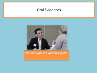 Oral Evidences
Interview with eye witness/expert
 