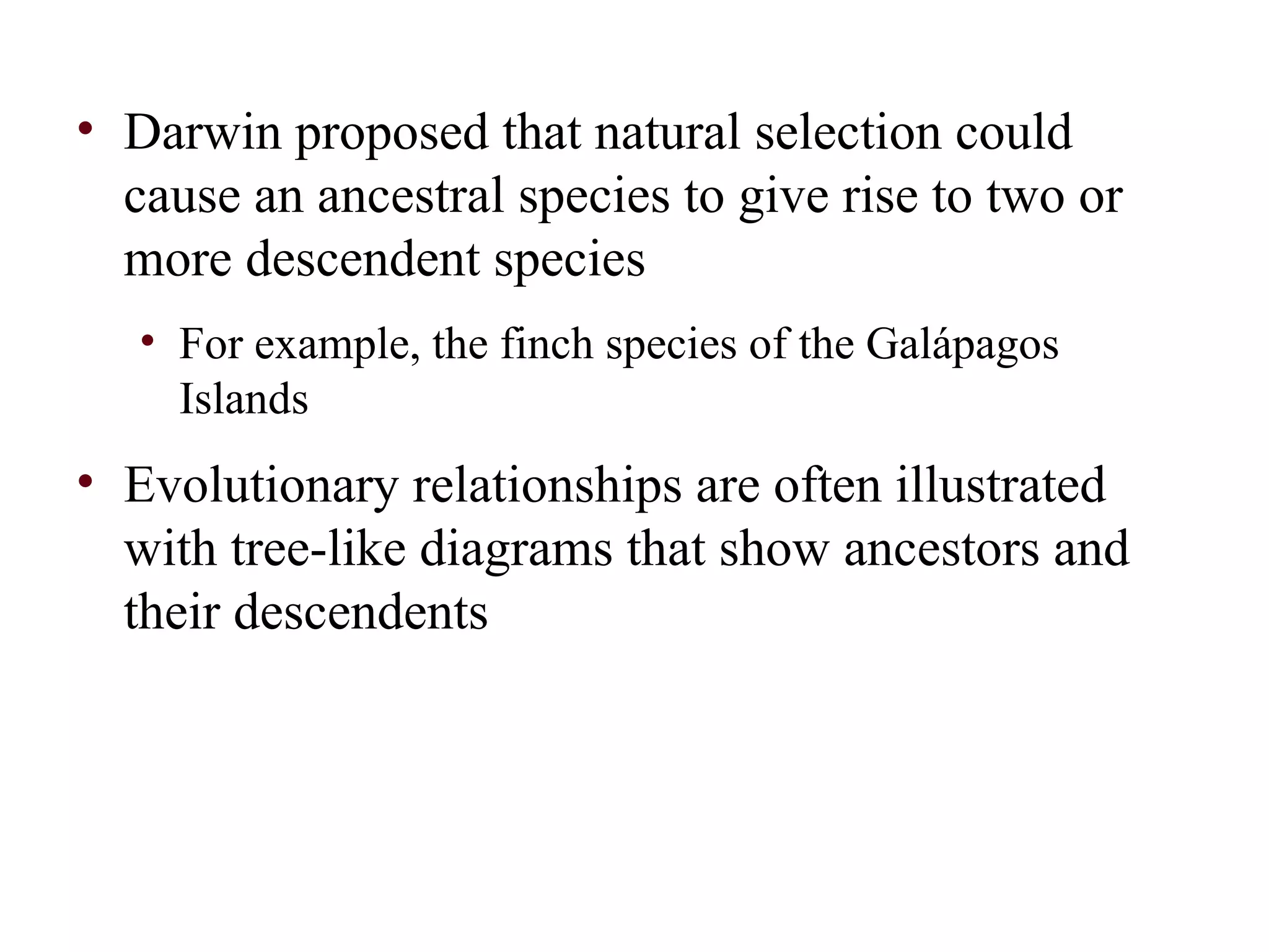 • Darwin proposed that natural selection could
cause an ancestral species to give rise to two or
more descendent species
• For example, the finch species of the Galápagos
Islands
• Evolutionary relationships are often illustrated
with tree-like diagrams that show ancestors and
their descendents
 