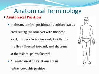 Anatomical Terminology
 Anatomical Position
 In the anatomical position, the subject stands
erect facing the observer with the head
level, the eyes facing forward, feet flat on
the floor directed forward, and the arms
at their sides, palms forward.
 All anatomical descriptions are in
reference to this position.
 