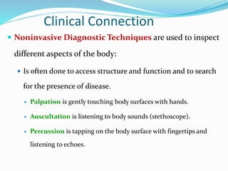 Clinical Connection
 Noninvasive Diagnostic Techniques are used to inspect
different aspects of the body:
 Is often done to access structure and function and to search
for the presence of disease.
 Palpation is gently touching body surfaces with hands.
 Auscultation is listening to body sounds (stethoscope).
 Percussion is tapping on the body surface with fingertips and
listening to echoes.
 