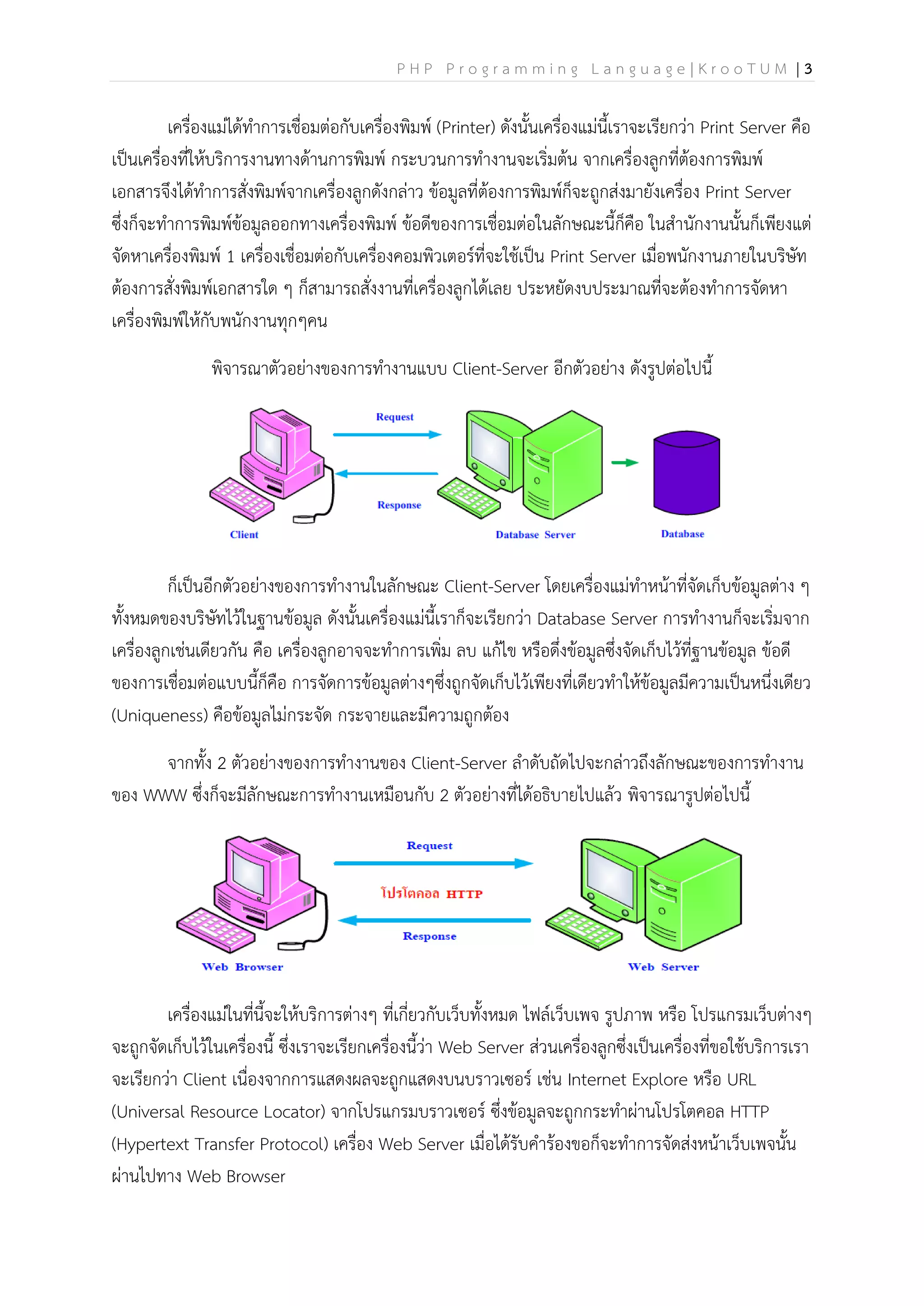 P H P P r o g r a m m i n g L a n g u a g e | K r o o T U M | 3
เครื่องแม่ได้ทาการเชื่อมต่อกับเครื่องพิมพ์ (Printer) ดังนั้นเครื่องแม่นี้เราจะเรียกว่า Print Server คือ
เป็นเครื่องที่ให้บริการงานทางด้านการพิมพ์ กระบวนการทางานจะเริ่มต้น จากเครื่องลูกที่ต้องการพิมพ์
เอกสารจึงได้ทาการสั่งพิมพ์จากเครื่องลูกดังกล่าว ข้อมูลที่ต้องการพิมพ์ก็จะถูกส่งมายังเครื่อง Print Server
ซึ่งก็จะทาการพิมพ์ข้อมูลออกทางเครื่องพิมพ์ ข้อดีของการเชื่อมต่อในลักษณะนี้ก็คือ ในสานักงานนั้นก็เพียงแต่
จัดหาเครื่องพิมพ์ 1 เครื่องเชื่อมต่อกับเครื่องคอมพิวเตอร์ที่จะใช้เป็น Print Server เมื่อพนักงานภายในบริษัท
ต้องการสั่งพิมพ์เอกสารใด ๆ ก็สามารถสั่งงานที่เครื่องลูกได้เลย ประหยัดงบประมาณที่จะต้องทาการจัดหา
เครื่องพิมพ์ให้กับพนักงานทุกๆคน
พิจารณาตัวอย่างของการทางานแบบ Client-Server อีกตัวอย่าง ดังรูปต่อไปนี้
ก็เป็นอีกตัวอย่างของการทางานในลักษณะ Client-Server โดยเครื่องแม่ทาหน้าที่จัดเก็บข้อมูลต่าง ๆ
ทั้งหมดของบริษัทไว้ในฐานข้อมูล ดังนั้นเครื่องแม่นี้เราก็จะเรียกว่า Database Server การทางานก็จะเริ่มจาก
เครื่องลูกเช่นเดียวกัน คือ เครื่องลูกอาจจะทาการเพิ่ม ลบ แก้ไข หรือดึ่งข้อมูลซึ่งจัดเก็บไว้ที่ฐานข้อมูล ข้อดี
ของการเชื่อมต่อแบบนี้ก็คือ การจัดการข้อมูลต่างๆซึ่งถูกจัดเก็บไว้เพียงที่เดียวทาให้ข้อมูลมีความเป็นหนึ่งเดียว
(Uniqueness) คือข้อมูลไม่กระจัด กระจายและมีความถูกต้อง
จากทั้ง 2 ตัวอย่างของการทางานของ Client-Server ลาดับถัดไปจะกล่าวถึงลักษณะของการทางาน
ของ WWW ซึ่งก็จะมีลักษณะการทางานเหมือนกับ 2 ตัวอย่างที่ได้อธิบายไปแล้ว พิจารณารูปต่อไปนี้
เครื่องแม่ในที่นี้จะให้บริการต่างๆ ที่เกี่ยวกับเว็บทั้งหมด ไฟล์เว็บเพจ รูปภาพ หรือ โปรแกรมเว็บต่างๆ
จะถูกจัดเก็บไว้ในเครื่องนี้ ซึ่งเราจะเรียกเครื่องนี้ว่า Web Server ส่วนเครื่องลูกซึ่งเป็นเครื่องที่ขอใช้บริการเรา
จะเรียกว่า Client เนื่องจากการแสดงผลจะถูกแสดงบนบราวเซอร์ เช่น Internet Explore หรือ URL
(Universal Resource Locator) จากโปรแกรมบราวเซอร์ ซึ่งข้อมูลจะถูกกระทาผ่านโปรโตคอล HTTP
(Hypertext Transfer Protocol) เครื่อง Web Server เมื่อได้รับคาร้องขอก็จะทาการจัดส่งหน้าเว็บเพจนั้น
ผ่านไปทาง Web Browser
 