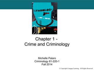 Michelle Palaro 
Criminology 81-220-1 
Fall 2014 
© Copyright Cengage Learning. All Rights Reserved. 
Chapter 1 - 
Crime and Criminology 
 