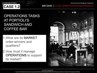 CASE 1.2 
OPERATIONS TASKS 
AT PORTIOLI’S 
SANDWICH AND 
COFFEE BAR 
1.What are its MARKET 
order-winners and 
qualifiers? 
2.How must it manage 
OPERATIONS to support 
its market? 
 