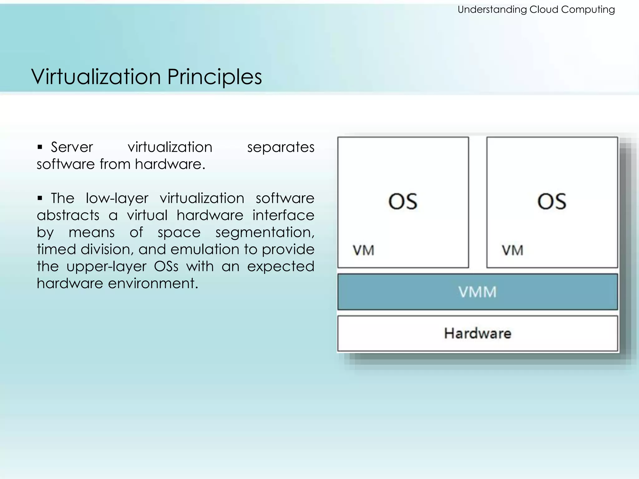 Understanding Cloud Computing 
Virtualization Principles 
 Server virtualization separates 
software from hardware. 
 The low-layer virtualization software 
abstracts a virtual hardware interface 
by means of space segmentation, 
timed division, and emulation to provide 
the upper-layer OSs with an expected 
hardware environment. 
 