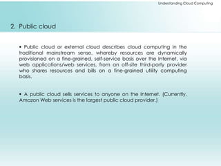 Understanding Cloud Computing 
2. Public cloud 
 Public cloud or external cloud describes cloud computing in the 
traditional mainstream sense, whereby resources are dynamically 
provisioned on a fine-grained, self-service basis over the Internet, via 
web applications/web services, from an off-site third-party provider 
who shares resources and bills on a fine-grained utility computing 
basis. 
 A public cloud sells services to anyone on the Internet. (Currently, 
Amazon Web services is the largest public cloud provider.) 
 