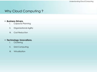 Understanding Cloud Computing 
Why Cloud Computing ? 
 Business Drivers. 
I. Capacity Planning 
II. Organizational Agility 
III. Cost Reduction 
 Technology Innovations. 
I. Clustering 
II. Grid Computing 
III. Virtualization 
 