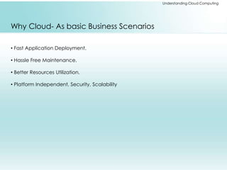 Understanding Cloud Computing 
Why Cloud- As basic Business Scenarios 
• Fast Application Deployment. 
• Hassle Free Maintenance. 
• Better Resources Utilization. 
• Platform Independent, Security, Scalability 
 