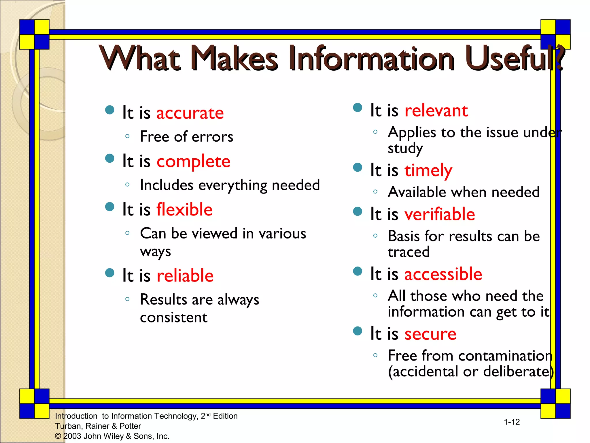 WWhhaatt MMaakkeess IInnffoorrmmaattiioonn UUsseeffuull?? 
Introduction to Information Technology, 2nd Edition 
Turban, Rainer & Potter 
© 2003 John Wiley & Sons, Inc. 
1-12 
It is accurate 
◦ Free of errors 
It is complete 
◦ Includes everything needed 
It is flexible 
◦ Can be viewed in various 
ways 
It is reliable 
◦ Results are always 
consistent 
It is relevant 
◦ Applies to the issue under 
study 
It is timely 
◦ Available when needed 
It is verifiable 
◦ Basis for results can be 
traced 
It is accessible 
◦ All those who need the 
information can get to it 
It is secure 
◦ Free from contamination 
(accidental or deliberate) 
 