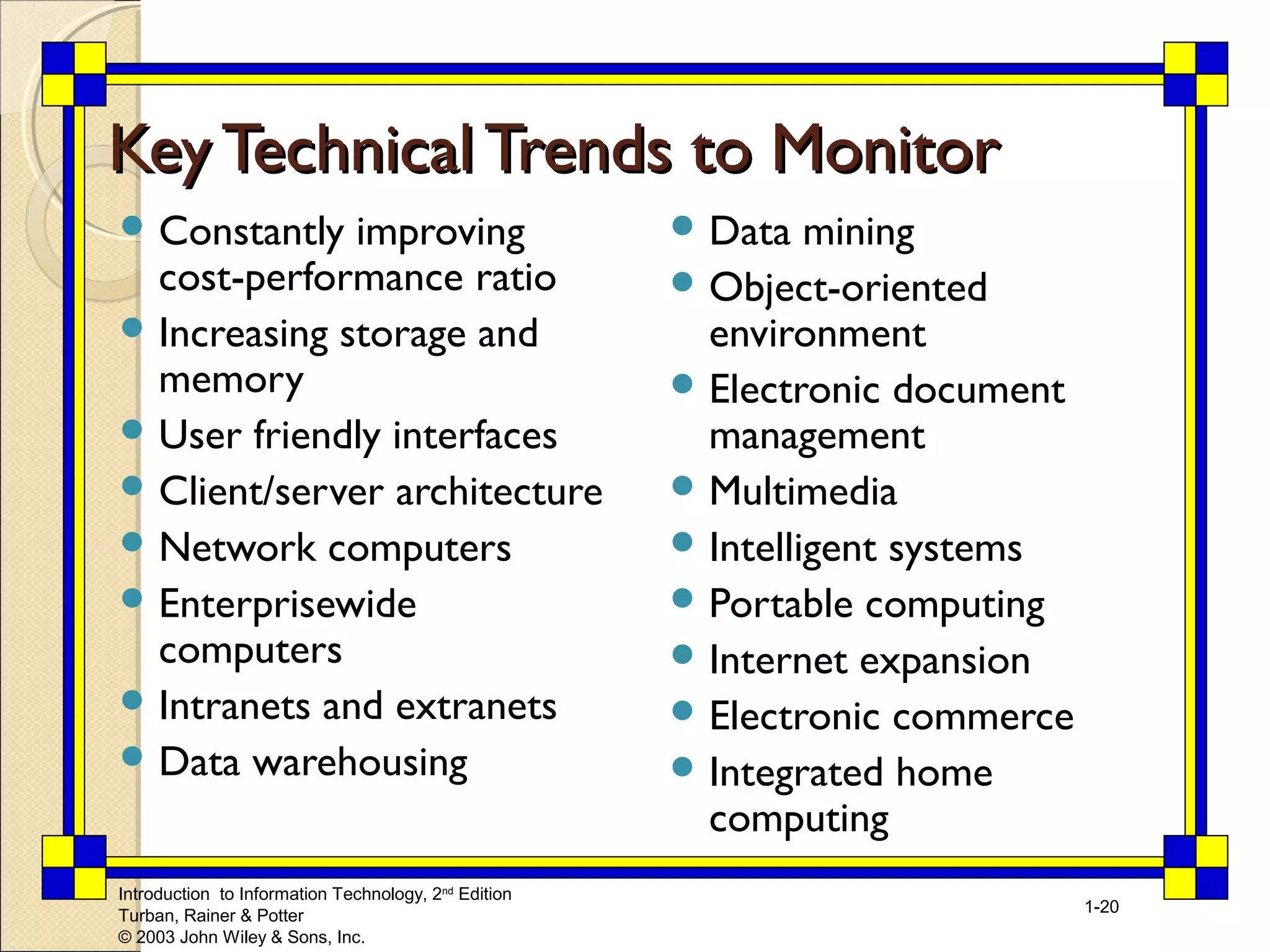 Introduction to Information Technology, 2nd Edition 
Turban, Rainer & Potter 
© 2003 John Wiley & Sons, Inc. 
1-20 
Key TTeecchhnniiccaall TTrreennddss ttoo MMoonniittoorr 
Constantly improving 
cost-performance ratio 
Increasing storage and 
memory 
User friendly interfaces 
Client/server architecture 
Network computers 
Enterprisewide 
computers 
Intranets and extranets 
Data warehousing 
Data mining 
Object-oriented 
environment 
Electronic document 
management 
Multimedia 
Intelligent systems 
Portable computing 
Internet expansion 
Electronic commerce 
Integrated home 
computing 
 