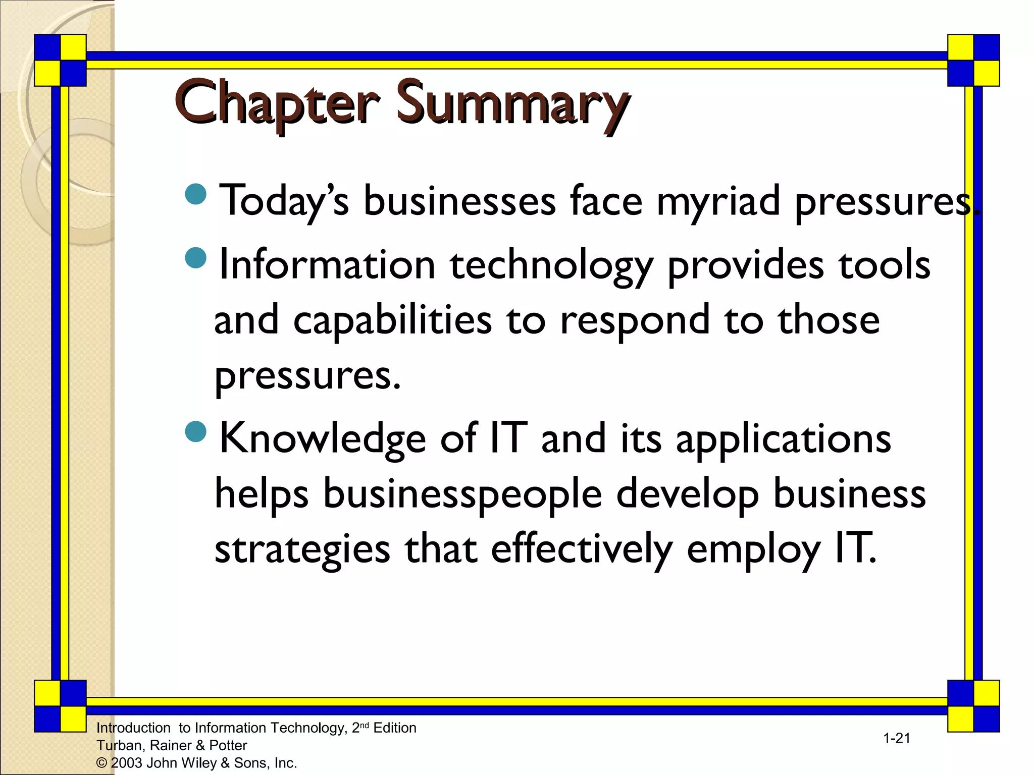 CChhaapptteerr SSuummmmaarryy 
Today’s businesses face myriad pressures. 
Information technology provides tools 
and capabilities to respond to those 
pressures. 
Knowledge of IT and its applications 
helps businesspeople develop business 
strategies that effectively employ IT. 
Introduction to Information Technology, 2nd Edition 
Turban, Rainer & Potter 
© 2003 John Wiley & Sons, Inc. 
1-21 
 