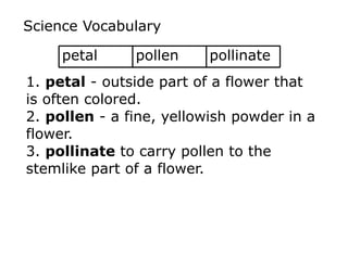Science Vocabulary 
petal pollen pollinate 
1. petal - outside part of a flower that 
is often colored. 
2. pollen - a fine, yellowish powder in a 
flower. 
3. pollinate to carry pollen to the 
stemlike part of a flower. 
 