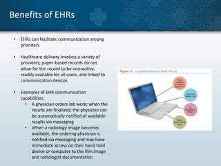 Benefits of EHRs 
• EHRs can facilitate communication among 
providers 
• Healthcare delivery involves a variety of 
providers; paper-based records do not 
allow for the record to be interactive, 
readily available for all users, and linked to 
communication devices 
• Examples of EHR communication 
capabilities: 
• A physician orders lab work; when the 
results are finalized, the physician can 
be automatically notified of available 
results via messaging 
• When a radiology image becomes 
available, the ordering physician is 
notified via messaging and may have 
immediate access on their hand held 
device or computer to the film image 
and radiologist documentation 
 