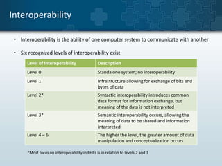 Interoperability 
• Interoperability is the ability of one computer system to communicate with another 
• Six recognized levels of interoperability exist 
Level of Interoperability Description 
Level 0 Standalone system; no interoperability 
Level 1 Infrastructure allowing for exchange of bits and 
bytes of data 
Level 2* Syntactic interoperability introduces common 
data format for information exchange, but 
meaning of the data is not interpreted 
Level 3* Semantic interoperability occurs, allowing the 
meaning of data to be shared and information 
interpreted 
Level 4 – 6 The higher the level, the greater amount of data 
manipulation and conceptualization occurs 
*Most focus on interoperability in EHRs is in relation to levels 2 and 3 
 