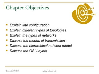 Release 16/07/2009 Jetking Infotrain Ltd.
Chapter Objectives
 Explain line configuration
 Explain different types of topologies
 Explain the types of networks
 Discuss the modes of transmission
 Discuss the hierarchical network model
 Discuss the OSI Layers
 