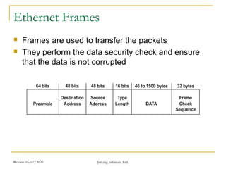 Release 16/07/2009 Jetking Infotrain Ltd.
Ethernet Frames
 Frames are used to transfer the packets
 They perform the data security check and ensure
that the data is not corrupted
 