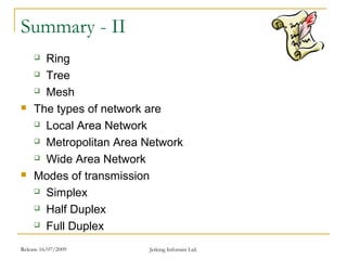 Release 16/07/2009 Jetking Infotrain Ltd.
Summary - II
 Ring
 Tree
 Mesh
 The types of network are
 Local Area Network
 Metropolitan Area Network
 Wide Area Network
 Modes of transmission
 Simplex
 Half Duplex
 Full Duplex
 