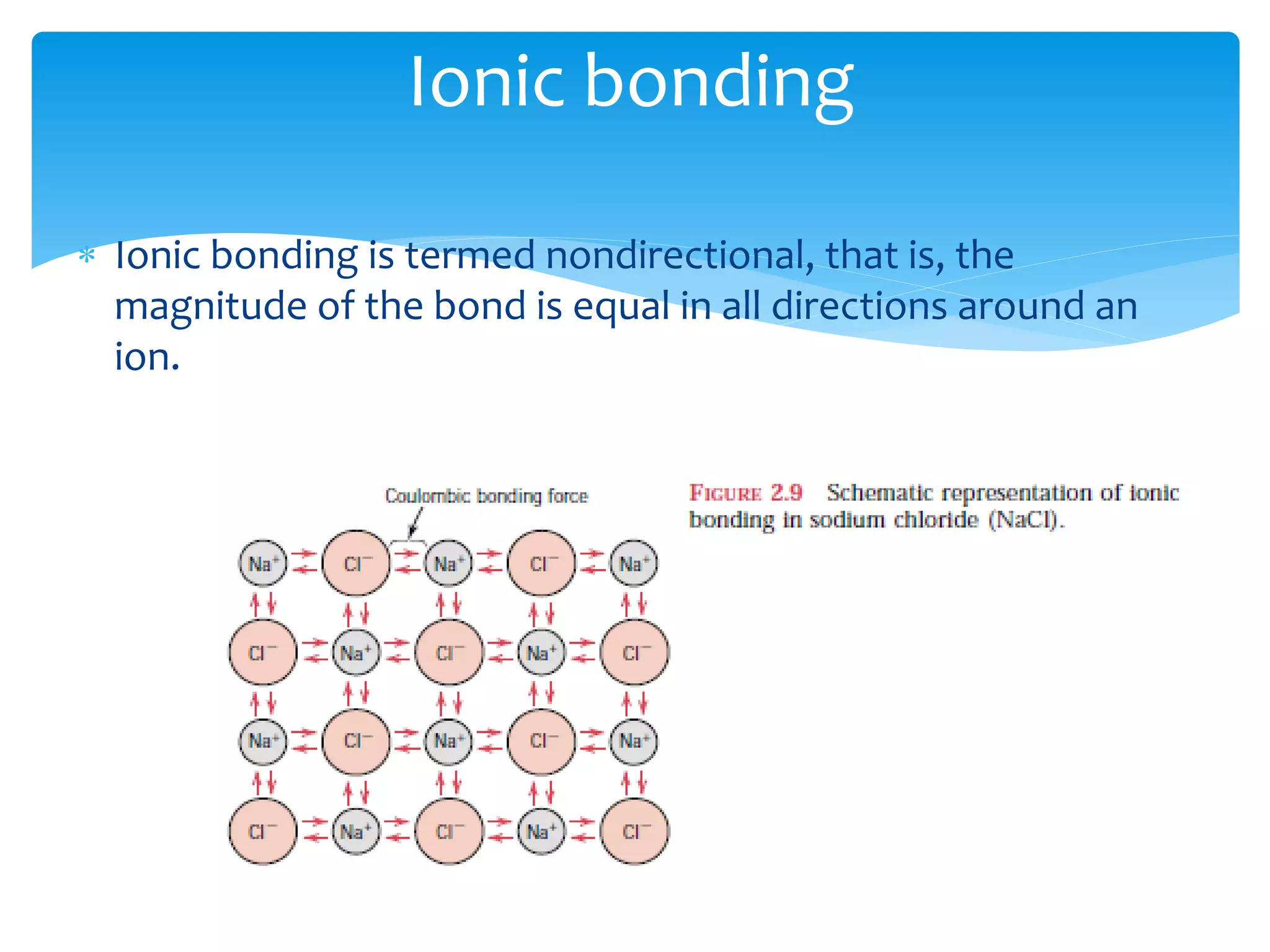  Ionic bonding is termed nondirectional, that is, the
magnitude of the bond is equal in all directions around an
ion.
Ionic bonding
 