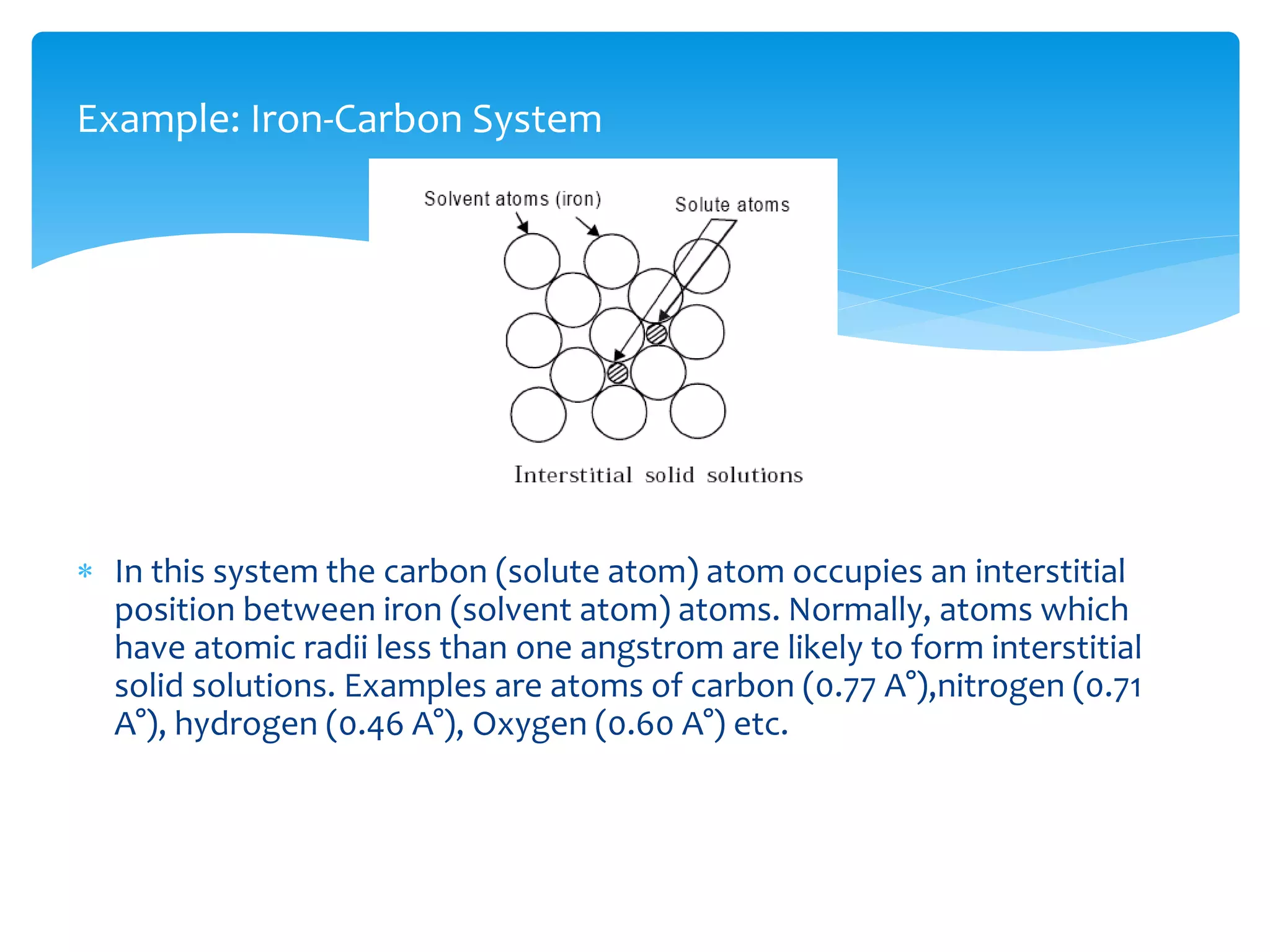 Example: Iron-Carbon System
 In this system the carbon (solute atom) atom occupies an interstitial
position between iron (solvent atom) atoms. Normally, atoms which
have atomic radii less than one angstrom are likely to form interstitial
solid solutions. Examples are atoms of carbon (0.77 A°),nitrogen (0.71
A°), hydrogen (0.46 A°), Oxygen (0.60 A°) etc.
 