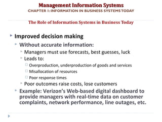 Management Information SystemsManagement Information Systems
CHAPTER 1: INFORMATION IN BUSINESS SYSTEMSTODAY
 Improved decision making
 Without accurate information:
 Managers must use forecasts, best guesses, luck
 Leads to:
 Overproduction, underproduction of goods and services
 Misallocation of resources
 Poor response times
 Poor outcomes raise costs, lose customers
 Example: Verizon’s Web-based digital dashboard to
provide managers with real-time data on customer
complaints, network performance, line outages, etc.
The Role of Information Systems in Business Today
© Prentice Hall 201114
 