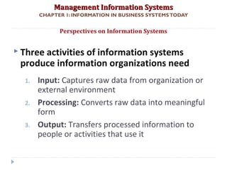 Management Information SystemsManagement Information Systems
CHAPTER 1: INFORMATION IN BUSINESS SYSTEMSTODAY
 Three activities of information systems
produce information organizations need
1. Input: Captures raw data from organization or
external environment
2. Processing: Converts raw data into meaningful
form
3. Output: Transfers processed information to
people or activities that use it
Perspectives on Information Systems
© Prentice Hall 201121
 