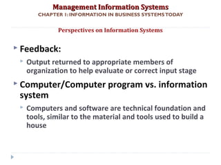 Management Information SystemsManagement Information Systems
CHAPTER 1: INFORMATION IN BUSINESS SYSTEMSTODAY
 Feedback:
 Output returned to appropriate members of
organization to help evaluate or correct input stage
 Computer/Computer program vs. information
system
 Computers and software are technical foundation and
tools, similar to the material and tools used to build a
house
Perspectives on Information Systems
© Prentice Hall 201122
 