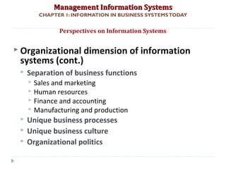 Management Information SystemsManagement Information Systems
CHAPTER 1: INFORMATION IN BUSINESS SYSTEMSTODAY
 Organizational dimension of information
systems (cont.)
 Separation of business functions
 Sales and marketing
 Human resources
 Finance and accounting
 Manufacturing and production
 Unique business processes
 Unique business culture
 Organizational politics
Perspectives on Information Systems
© Prentice Hall 201127
 
