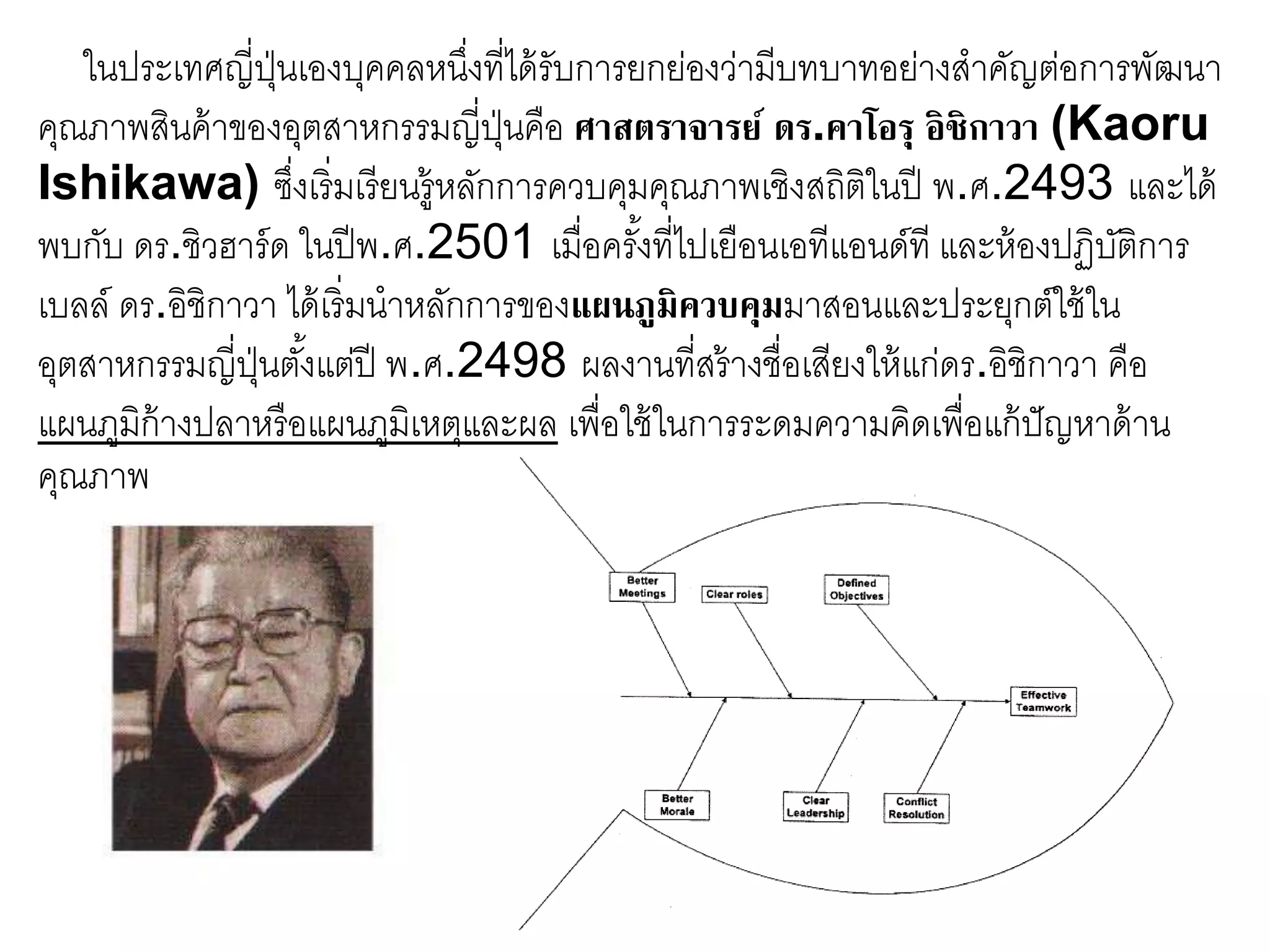 ในประเทศญี่ปุ่นเองบุคคลหนึ่งที่ได้รับการยกย่องว่ามีบทบาทอย่างสาคัญต่อการพัฒนา
คุณภาพสินค้าของอุตสาหกรรมญี่ปุ่นคือ ศาสตราจารย์ ดร.คาโอรุ อิชิกาวา (Kaoru
Ishikawa) ซึ่งเริ่มเรียนรู้หลักการควบคุมคุณภาพเชิงสถิติในปี พ.ศ.2493 และได้
พบกับ ดร.ชิวฮาร์ด ในปีพ.ศ.2501 เมื่อครั้งที่ไปเยือนเอทีแอนด์ที และห้องปฏิบัติการ
เบลล์ ดร.อิชิกาวา ได้เริ่มนาหลักการของแผนภูมิควบคุมมาสอนและประยุกต์ใช้ใน
อุตสาหกรรมญี่ปุ่นตั้งแต่ปี พ.ศ.2498 ผลงานที่สร้างชื่อเสียงให้แก่ดร.อิชิกาวา คือ
แผนภูมิก้างปลาหรือแผนภูมิเหตุและผล เพื่อใช้ในการระดมความคิดเพื่อแก้ปัญหาด้าน
คุณภาพ
 
