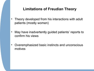 Limitations of Freudian Theory
• Theory developed from his interactions with adult
patients (mostly women)
• May have inadvertently guided patients’ reports to
confirm his views
• Overemphasized basic instincts and unconscious
motives
 