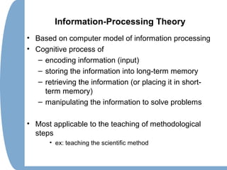 Information-Processing Theory
• Based on computer model of information processing
• Cognitive process of
– encoding information (input)
– storing the information into long-term memory
– retrieving the information (or placing it in short-
term memory)
– manipulating the information to solve problems
• Most applicable to the teaching of methodological
steps
• ex: teaching the scientific method
 