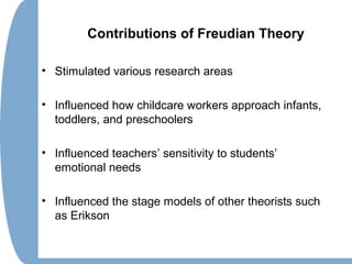 Contributions of Freudian Theory
• Stimulated various research areas
• Influenced how childcare workers approach infants,
...