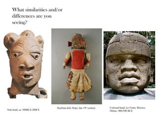 Kachina doll, Hopi, late 19th
century Colossal head, La Venta, Mexico,
Olmec, 900-500 BCENok head, ca. 500BCE-200CE
What similarities and/or
differences are you
seeing?
 