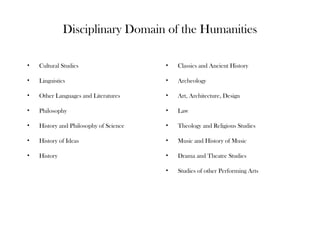 Disciplinary Domain of the Humanities
• Cultural Studies
• Linguistics
• Other Languages and Literatures
• Philosophy
• History and Philosophy of Science
• History of Ideas
• History
• Classics and Ancient History
• Archeology
• Art, Architecture, Design
• Law
• Theology and Religious Studies
• Music and History of Music
• Drama and Theatre Studies
• Studies of other Performing Arts
 