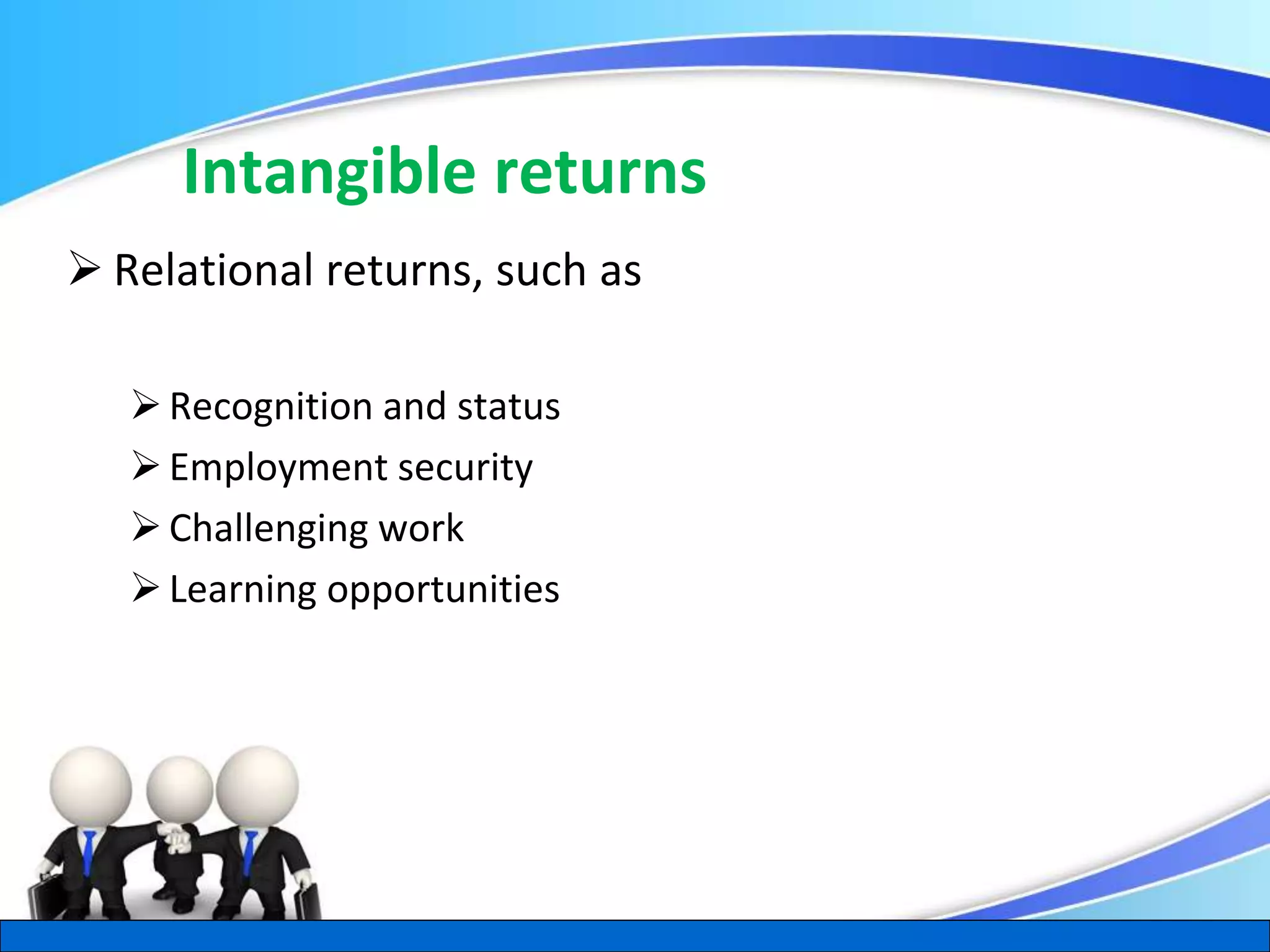 Herman Aguinis, University of Colorado at Denver
Intangible returns
 Relational returns, such as
Recognition and status
Employment security
Challenging work
Learning opportunities
.
 