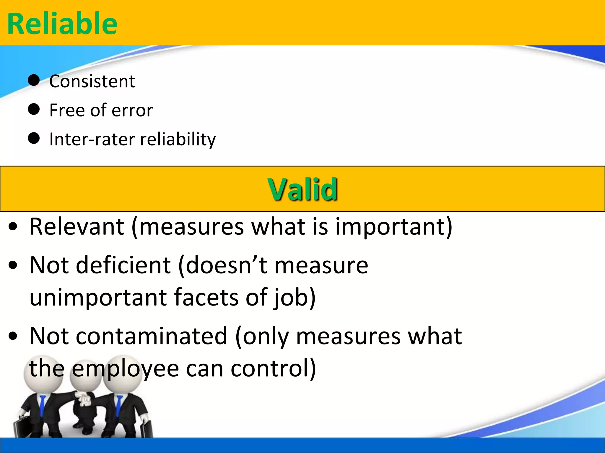 Herman Aguinis, University of Colorado at Denver
Reliable
 Consistent
 Free of error
 Inter-rater reliability
.
Valid
• Relevant (measures what is important)
• Not deficient (doesn’t measure
unimportant facets of job)
• Not contaminated (only measures what
the employee can control)
 