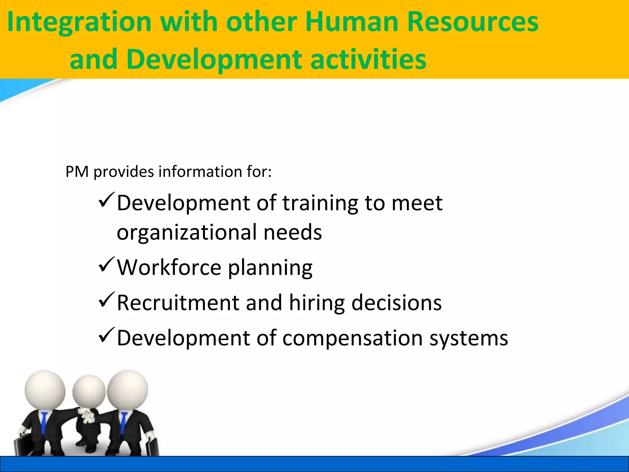 Herman Aguinis, University of Colorado at Denver
Integration with other Human Resources
and Development activities
PM provides information for:
Development of training to meet
organizational needs
Workforce planning
Recruitment and hiring decisions
Development of compensation systems
.
 
