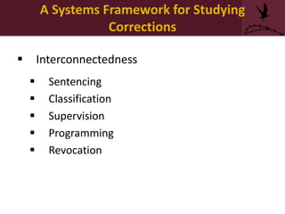 A Systems Framework for Studying
Corrections
 Interconnectedness
 Sentencing
 Classification
 Supervision
 Programming
 Revocation
 