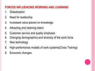 FORCES INFLUENCING WORKING AND LEARNING
1. Globalization
2. Need for leadership
3. Increased value placed on knowledge
4. Attracting and retaining talent
5. Customer service and quality emphasis
6. Changing demographics and diversity of the work force
7. New technology
8. High-performance models of work systems(Cross Training)
9. Economic changes
 