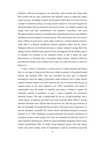 11
industries would be encouraged to use minimalist virgin material and energy input
from outside and no waste would leave the industrial system or negatively impact
natural systems. According to Garner and Keoleian (1995) there are at least four key
concepts of industrial ecology: (1) using systems analysis to view and recognize the
interrelationships between industrial and natural systems; (2) studying material and
energy flows and their transformation into products, by-products, and waste
throughout industrial systems; (3) needing input and participation from many different
disciplines; and (4) analogies to natural systems. The natural system has evolved over
many millions of years from a linear (open) system to a cyclical (closed) system in
which there is a dynamic equilibrium between organisms, plants, and the various
biological, physical, and chemical processes in nature. Industrial ecology draws the
analogy between industrial and natural systems and suggests that the ultimate goal is
to stimulate the evolution of the industrial system so that it shares the same
characteristics as described above concerning natural systems. Allenby (1992) has
described this change as the evolution from a type I to a type III system, as shown in
Figure 2.2.
A type I system is described as a linear process in which materials and energy
flow to one stage of systems and then leave either as product or by-product/wastes
(Garner and Keoleian 1995). This type resembles the early ages of industrial
development where the supply of potentially usable resources were so large and the
number of human habitats were still small then the use of resources did not give an
essential impact to the nature (Jelenski et al. 1992). Nevertheless, this system is
unsustainable since the number of materials and energy is limited to support the
continuous growth of population. A type 2 system resembles our present-day
industrial systems. This type is characterized by the use of high-technology with a
certain degree of pollution prevention and waste recycling (Fleig 2000) to process
materials and hence more efficient than the previous one. But this type obviously is
also not sustainable for long period because there is still some waste is generated. To
become ultimately sustainable the system should mimicking biological ecosystem
(Jelenski et al. 1992). Biological ecosystem represents the dynamic equilibrium of
ecological systems, where energy and waste are constantly recycled and reused by
other organisms and processes within the system and highly integrated, closed system
(Garner and Keoleian 1995). In totally closed industrial system, only solar energy
would come from outside, while all by-products would be constantly reused and
 