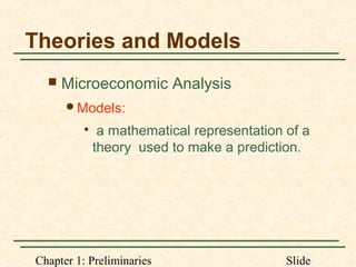 Chapter 1: Preliminaries Slide
Theories and Models
 Microeconomic Analysis
Models:

a mathematical representation of a
theory used to make a prediction.
 